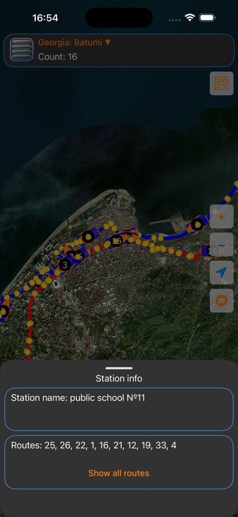 getBUS - getBUS app interface showing bus routes on a map of Batumi Georgia with station details for public school number 11