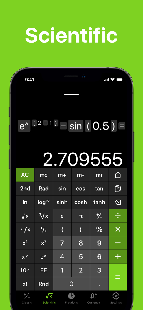 Calculator +ㅤ - Interfaccia di calcolatrice scientifica con funzioni matematiche avanzate su uno schermo di iPhone.