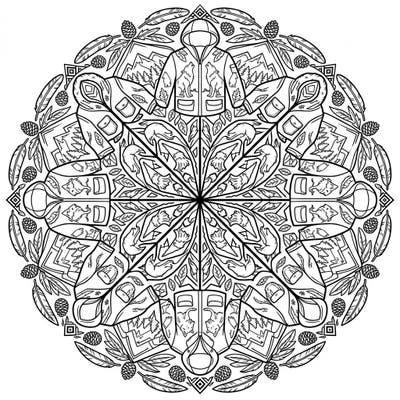 Discover the beauty of the wild with this unique wildlife outerwear mandala coloring page. Featuring symmetrical patterns of wolves, trees, and forest elements, it's perfect for nature lovers and mandala enthusiasts.