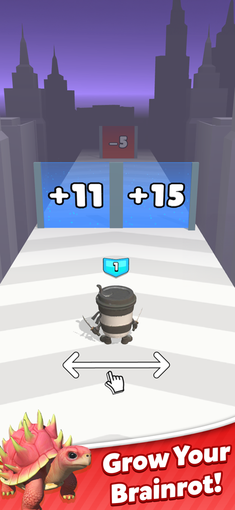 Italian Meme Game:Merge Runner - Gameplay screenshot of Italian Meme Game Merge Runner featuring a coffee cup character and numerical gates