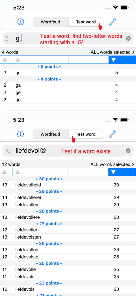 NL Woordvinder Wordfeud - Interface of the NL Woordvinder app showing the test word feature with score-sorted results for Wordfeud