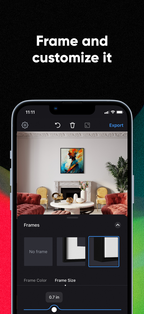 Smartist App-Oberfläche für die Rahmung und Anpassung von Kunst in einem virtuellen Raum.