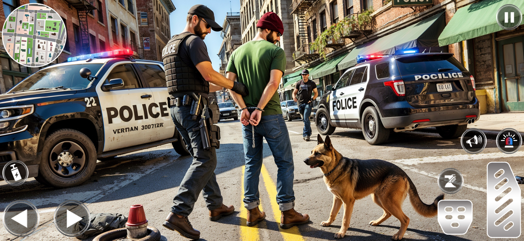 City Patrol: Police Chase 3D - Una captura de pantalla del juego City Patrol Police Chase 3D que muestra a un oficial de policía arrestando a un sospechoso en una calle de la ciudad con un perro policía y coches patrulla al fondo.