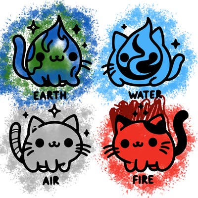 4 cats that represent the different elements, earth, water, air, and fire