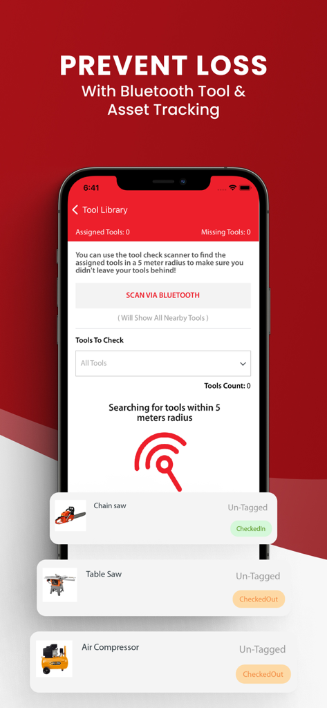 Contractor+ - Contractor+ app interface showing Bluetooth tool tracking and asset management to prevent loss