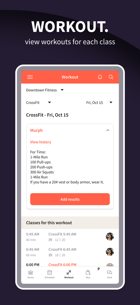 Wodify - Wodifyモバイルアプリのインターフェースは、エクササイズの詳細とクラススケジュールを含むクロスフィットワークアウトを表示しています。