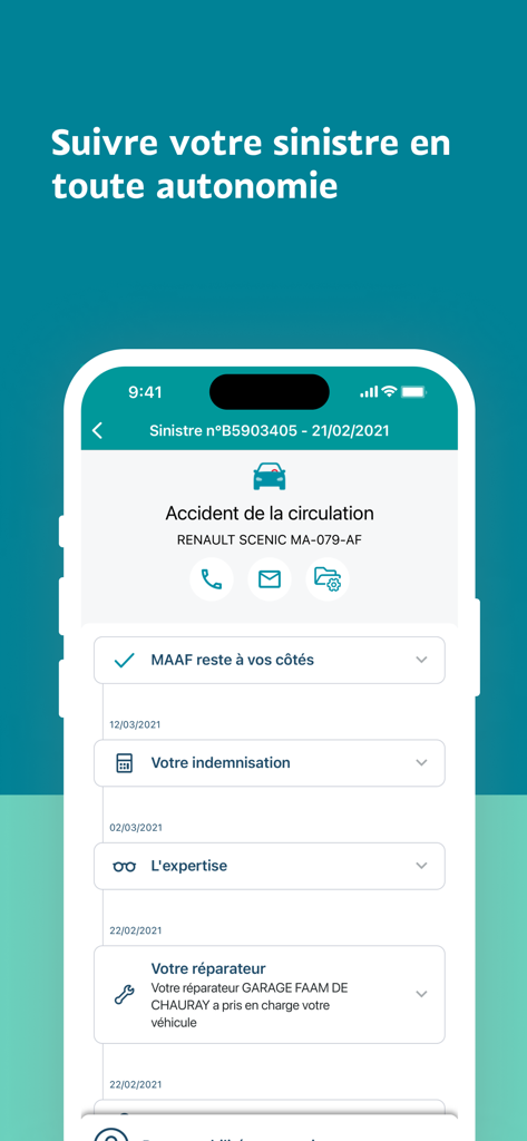 Mobile app interface of MAAF et Moi showing the real-time status and timeline of a car accident claim.