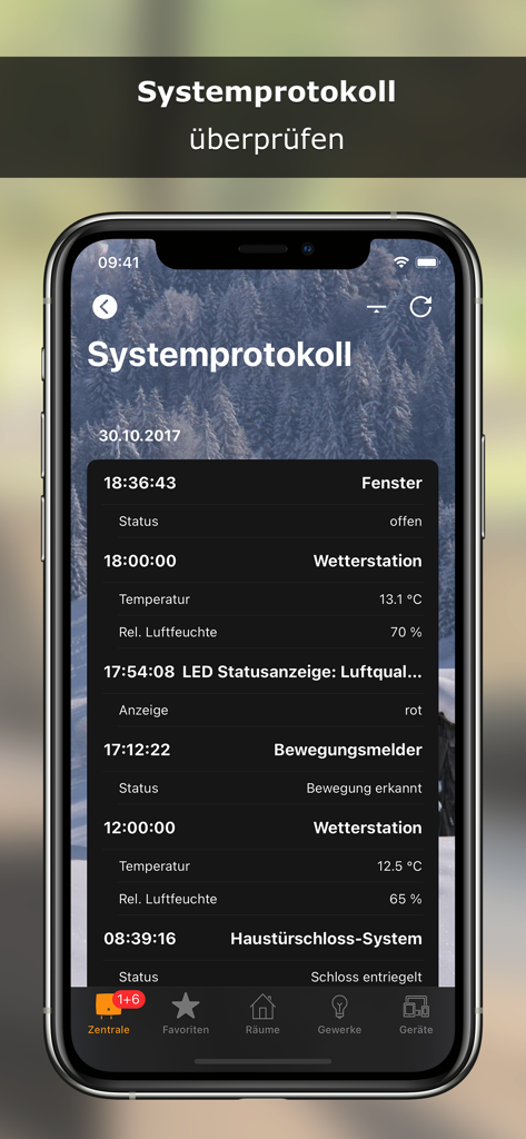 Pantalla de smartphone que muestra un registro detallado del sistema de hogar inteligente con eventos para detectores de movimiento de ventanas y estaciones meteorológicas