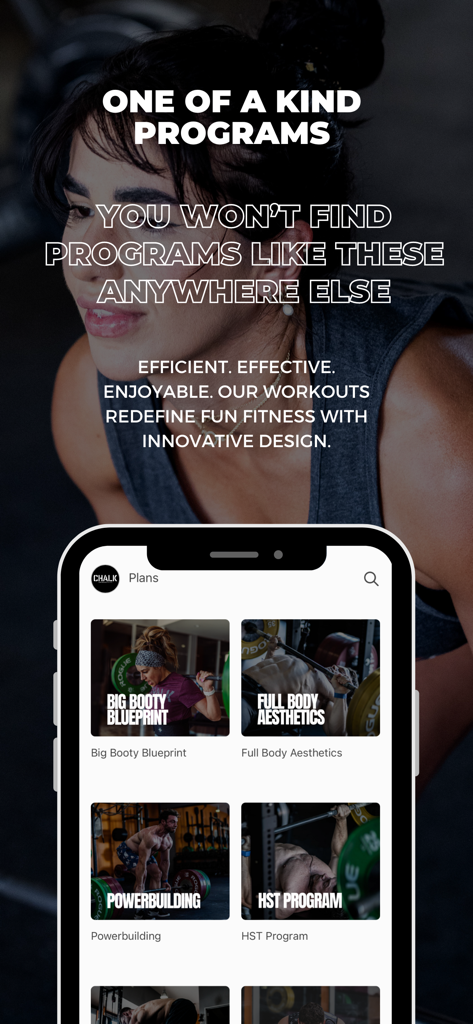 Chalk Performance Training - Chalk Performance Training app interface displaying unique fitness programs including Powerbuilding and Full Body Aesthetics