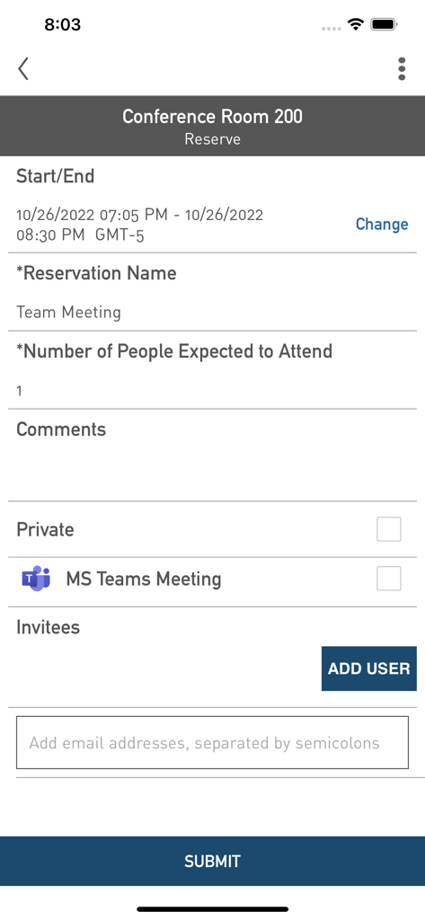 Tango Reserve by AgilQuest - Interface of the Tango Reserve app showing a form to book a conference room with meeting details and invitee options