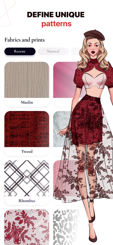 Fashion design app interface showing a selection of fabric textures and a model wearing a custom sketch