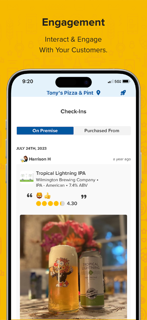 Untappd for Business - A smartphone showing the Untappd for Business app engagement screen with customer check ins and beer reviews for a local business
