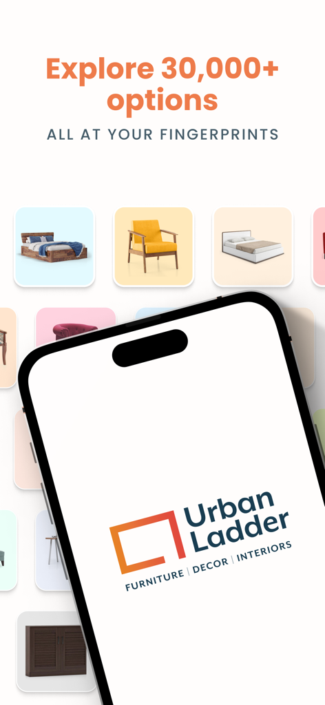 Urban Ladder - Pantalla de bienvenida de la aplicación Urban Ladder que muestra un teléfono inteligente con el logotipo de la empresa y varios iconos del catálogo de muebles.