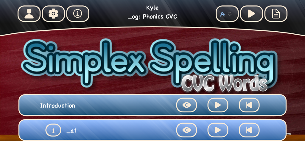 Simplex Spelling Phonics CVC - Menu principal do aplicativo educacional Simplex Spelling Phonics CVC mostrando opções de lição e configurações do usuário