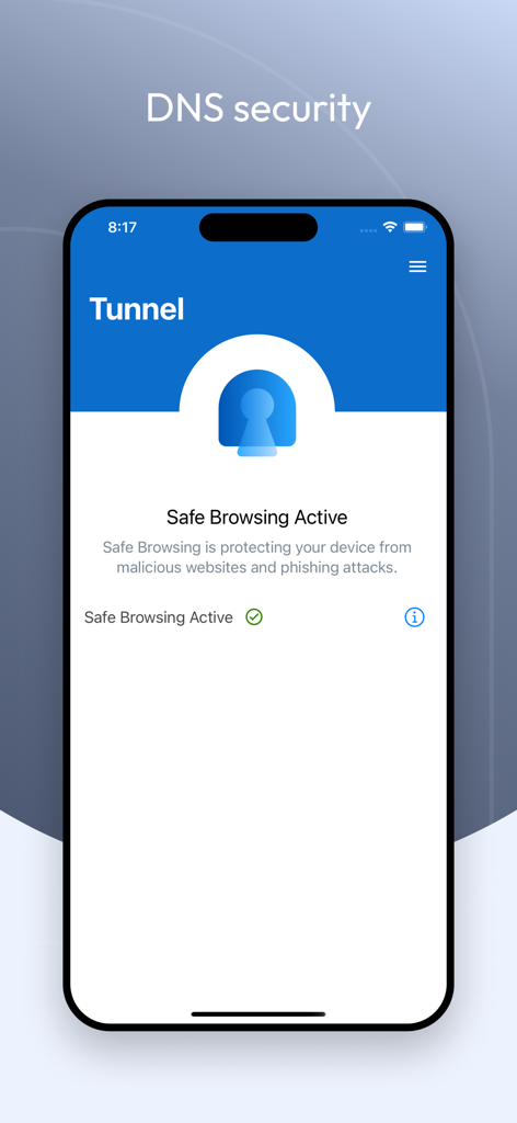 Tunnel (new) - Workspace ONE - DNSセキュリティのためにSafe Browsing機能が有効になっていることを示すWorkspace ONE Tunnelアプリのスクリーンショット