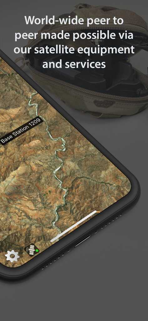 LeadNav GPS app displaying a satellite terrain map with base station marker and tactical navigation gear