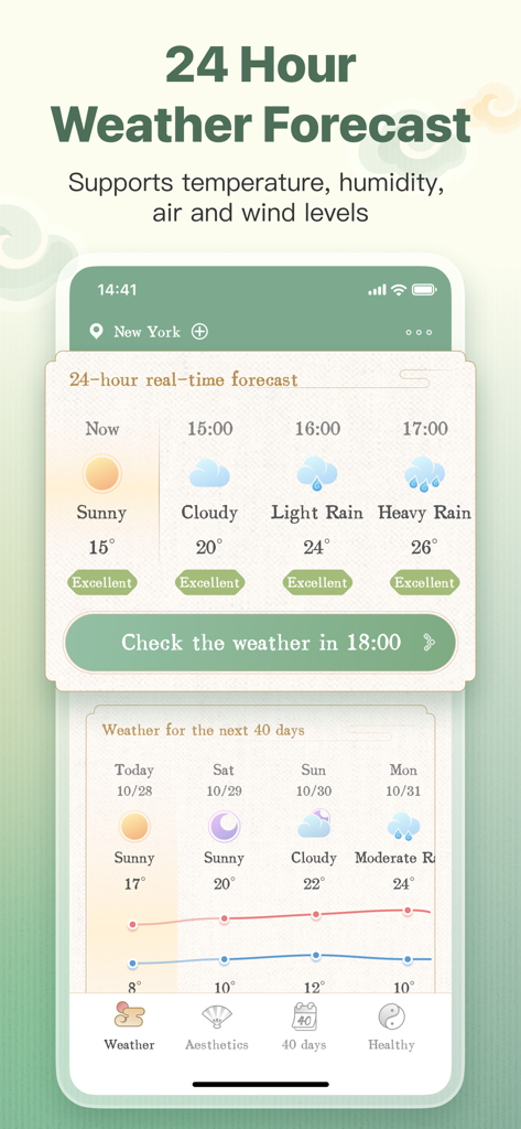 Panda Weather app interface showing an hourly weather forecast with a minimalist aesthetic and Chinese ink style design.