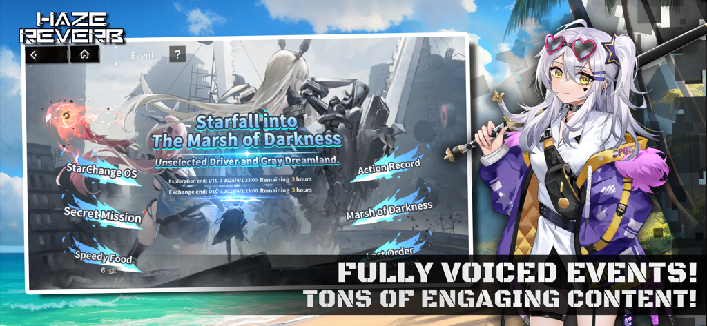 Haze Reverb - Haze Reverb game screenshot featuring an anime girl and text about fully voiced events