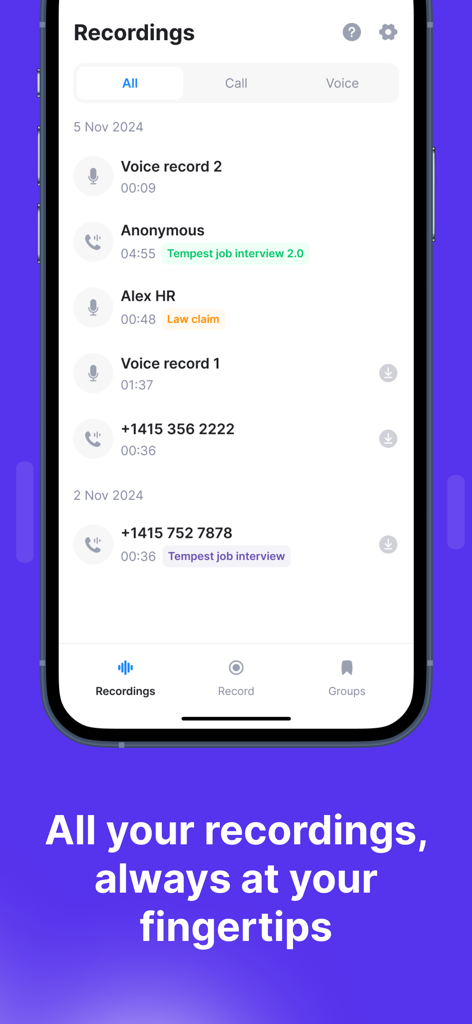 Una pantalla de smartphone que muestra una lista cronológica de grabaciones de voz y llamadas organizadas en la aplicación Rec-all