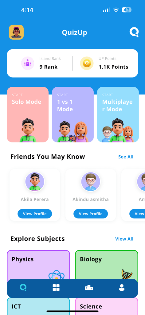 QuizUp - Sri Lanka - The QuizUp Sri Lanka app home screen featuring game modes, ranking, friends, and subjects.