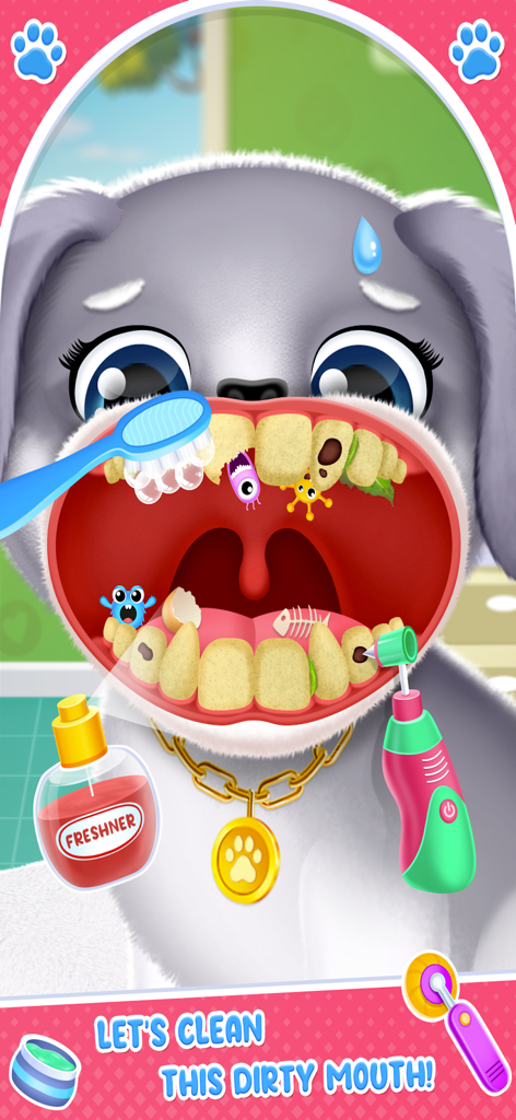 Labrador Puppy Care - A cartoon puppy receiving dental care with a toothbrush and dental tools in the Labrador Puppy Care game