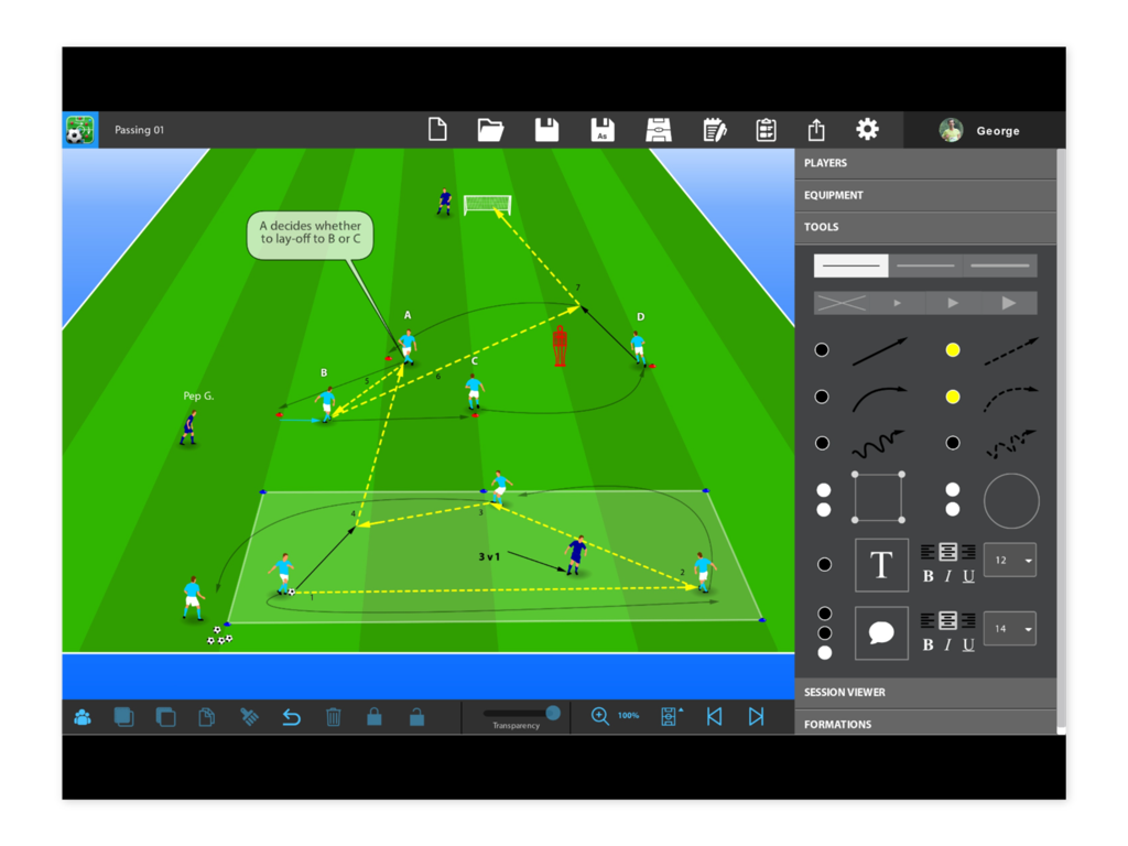 3D soccer tactics editor with players and movement arrows on a virtual pitch