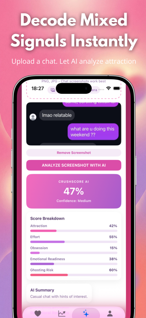 CrushScore: AI Love Calculator - Interface of CrushScore showing AI analysis of a chat screenshot with attraction and ghosting risk scores