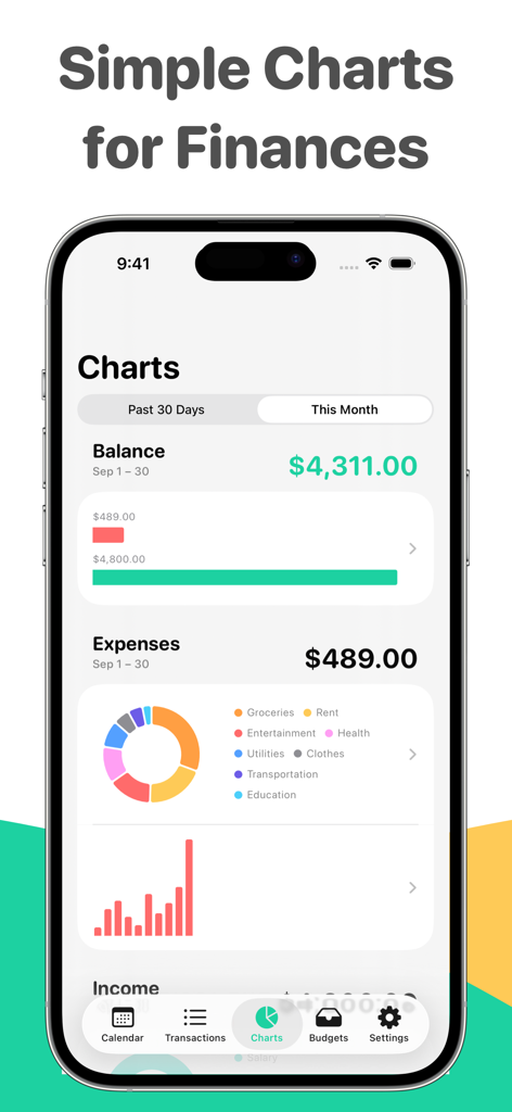 Budget Calendar: Simple Money - A clean dashboard showing monthly balance and categorized expenses with donut and bar charts in the Budget Calendar app