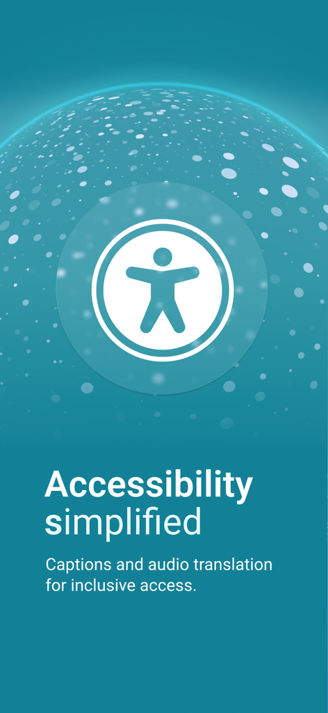 Wordly Translation - Pantalla de la aplicación Wordly Translation con un icono de accesibilidad y el mensaje Accesibilidad simplificada para subtítulos y traducción de audio
