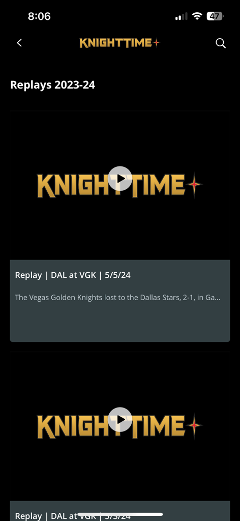 나이트타임 플러스 앱 인터페이스에 2023-2024 시즌 라스베가스 골든 나이츠 하키 경기 다시 보기 목록이 표시됩니다.