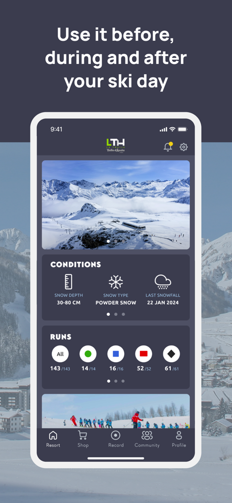 Espace San Bernardo app showing real-time snow conditions and open ski runs statistics
