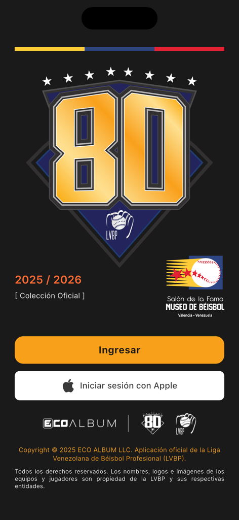 LVBP 80 - Pantalla de bienvenida e inicio de sesión de la aplicación coleccionable digital de béisbol LVBP 80 que muestra el logo del 80 aniversario.