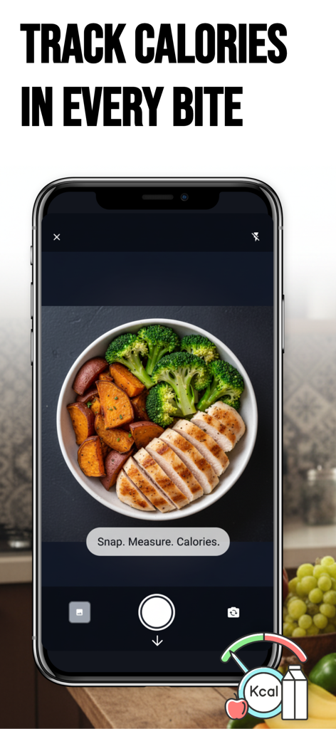 Calorie Photo Counter - Smartphone showing the Calorie Now app using its camera to scan a meal for calorie counting