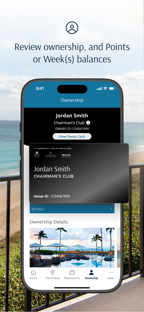 Vistana app Ownership dashboard displaying membership status and digital owner card