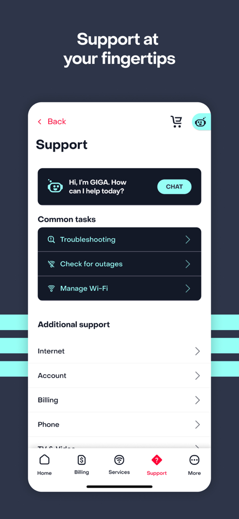 MyFrontier app support screen with GIGA virtual assistant and troubleshooting options