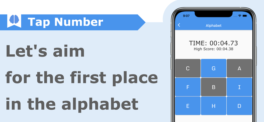 Brain training game/Tap Number - Alphabet mode in the Tap Number brain training game showing a letter grid and timer on a smartphone screen.