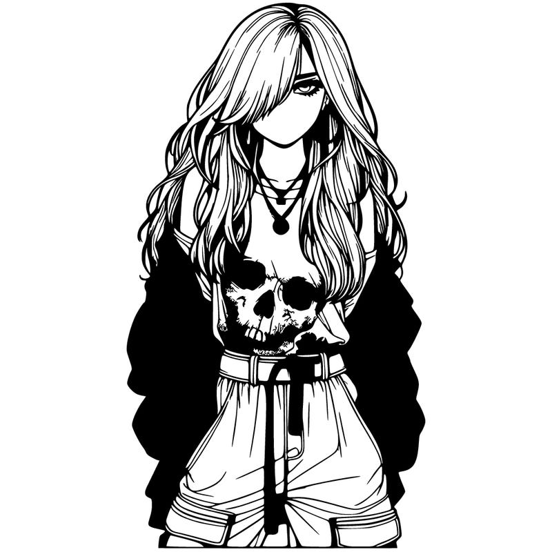 realistic girl with one eye covered with her long hair and has baggy pants and a shirt that has a skull and she has a cold expertion