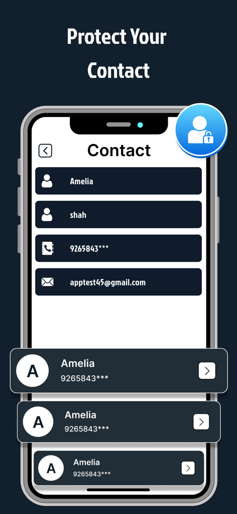 Among Lock Screen Password App - Una interfaz móvil que muestra la función de protección de contactos privados con una lista de nombres y números de teléfono asegurados