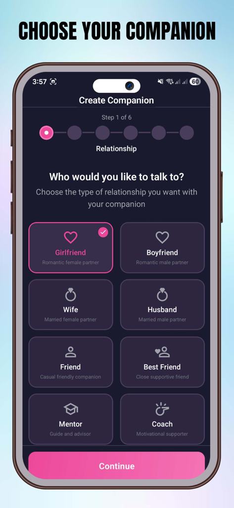 MAI: Virtual Companion Ai Vibe - A mobile app screen showing options to choose a relationship type for an AI companion including girlfriend friend and mentor.