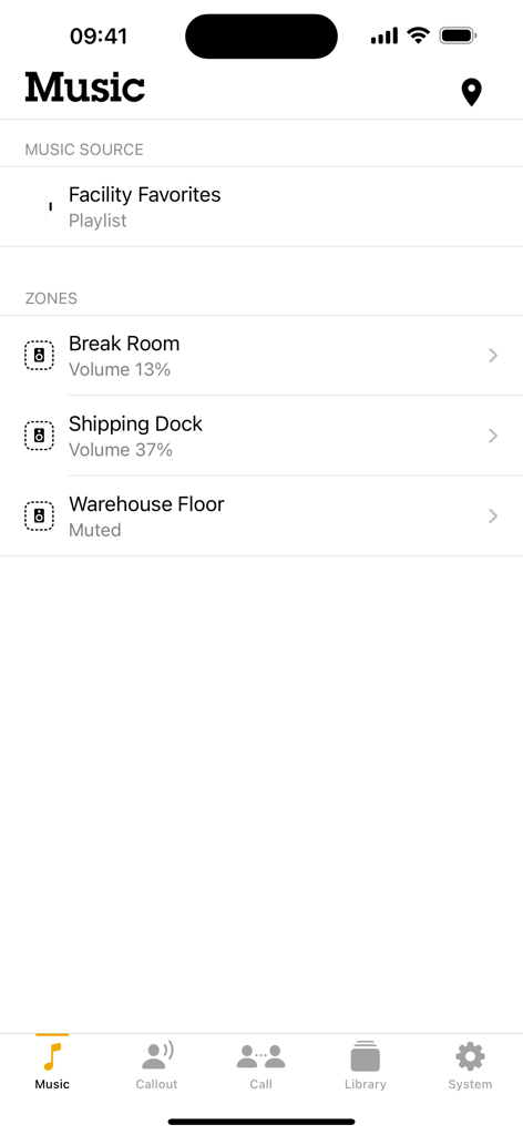 AXIS Audio Manager - AXIS Audio Manager interface showing music playlist and volume controls for facility zones like break room and warehouse floor