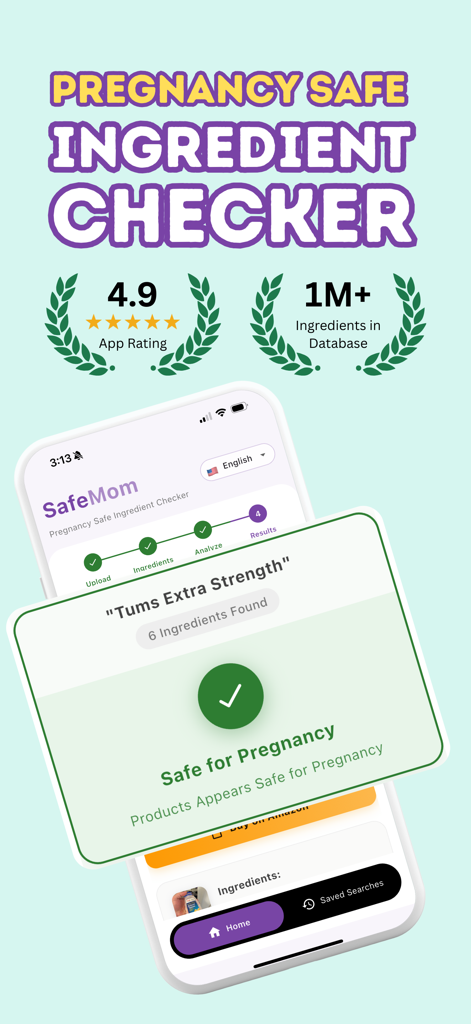 SafeMom - Food & Skincare Scan - SafeMom app interface showing a scan result confirming a product is safe for pregnancy