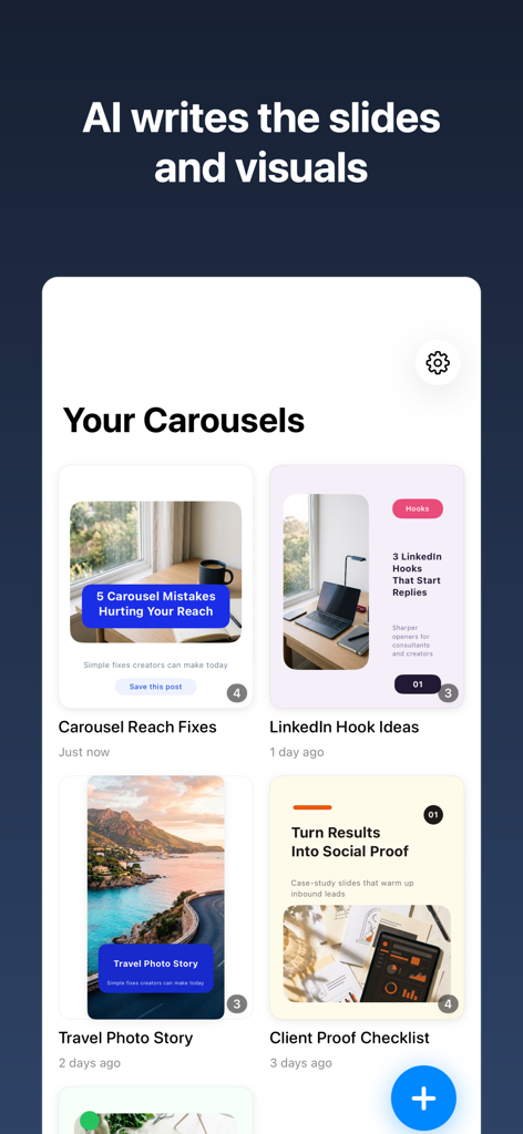 Carousel: AI Posts for Insta - Ein Dashboard, das verschiedene von KI generierte Social-Media-Karussell-Posts für Kreative und Solopreneure zeigt