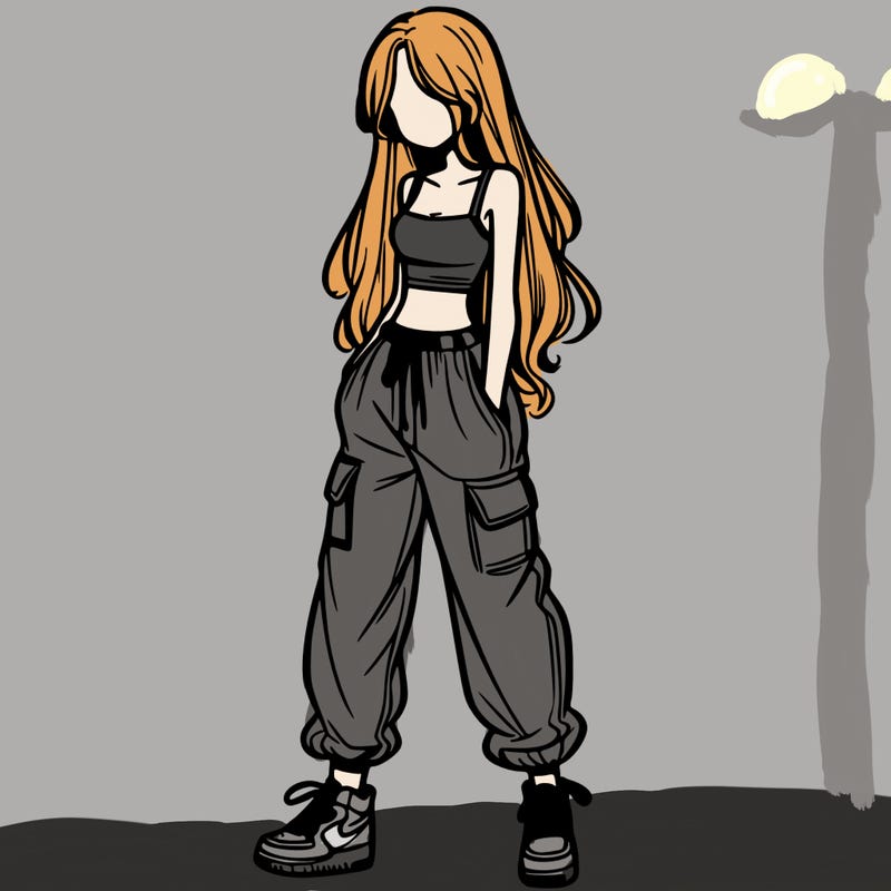 girl in baggy pants crop top and long hair