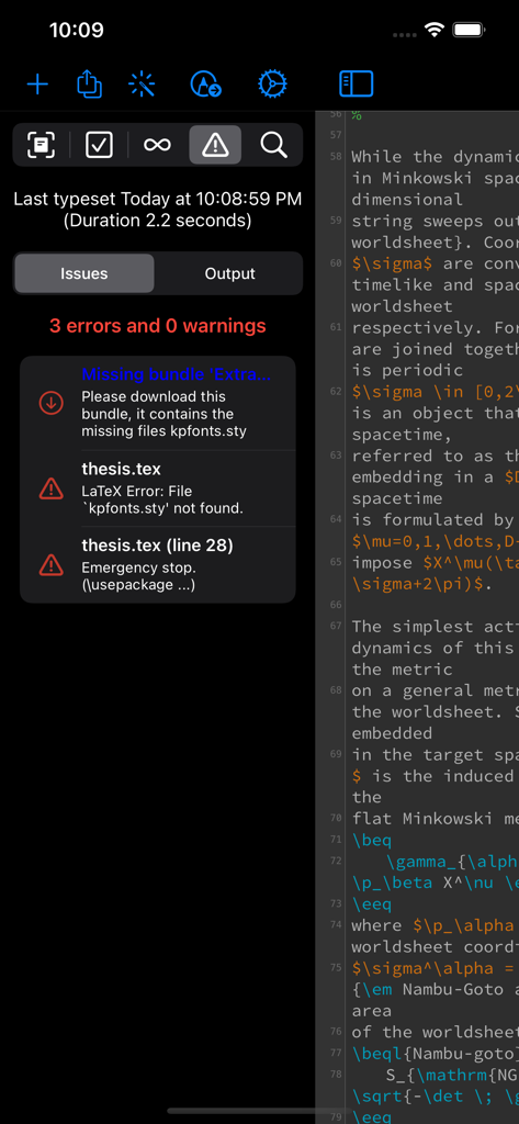 Texifier : LaTeX editor - Texifier mobile app interface showing the issues panel with typesetting errors next to the LaTeX source code editor