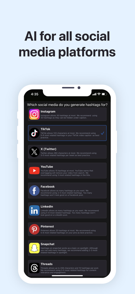 Un écran d'application mobile montrant une liste de plateformes de réseaux sociaux comme Instagram, TikTok et X pour la génération de hashtags IA