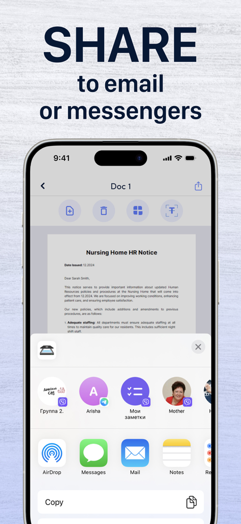 Tela de smartphone mostrando as opções para compartilhar um documento PDF digitalizado via e-mail e aplicativos de mensagens.