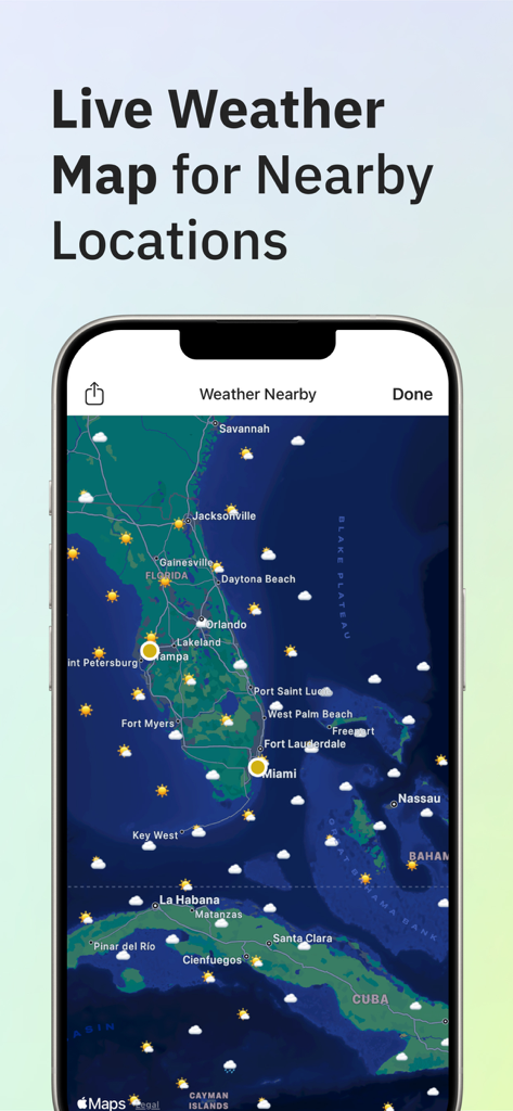 Mapa do tempo ao vivo com ícones de emoji mostrando previsões regionais em uma tela de iPhone