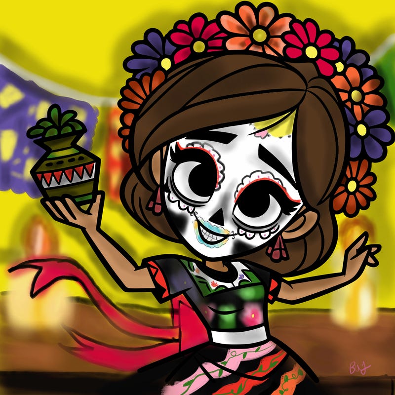a disney style day of the dead woman.