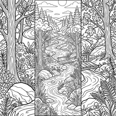 Immerse yourself in the tranquility of nature with this beautiful forest river bookmark coloring page. This intricate design, perfect for all ages, features a winding stream, lush trees, and a quaint bridge, ready for your creative touch.