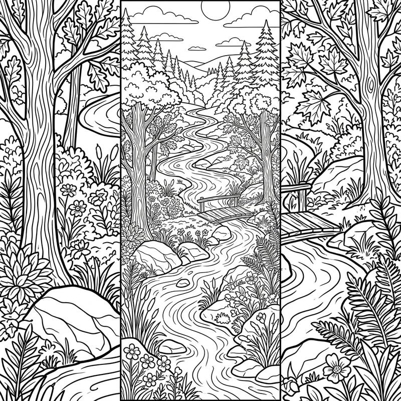 Immerse yourself in the tranquility of nature with this beautiful forest river bookmark coloring page. This intricate design, perfect for all ages, features a winding stream, lush trees, and a quaint bridge, ready for your creative touch.